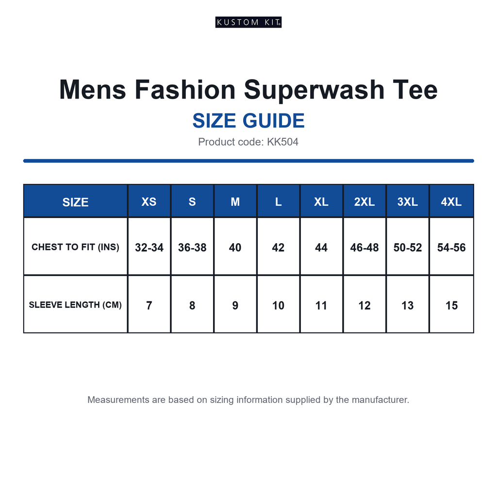 KK504 Kustom Kit Mens Fashion Superwash Tee size guide (KK504)