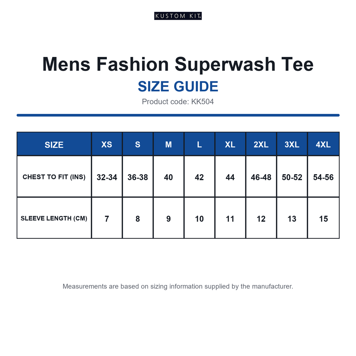 KK504 Kustom Kit Mens Fashion Superwash Tee size guide (KK504)