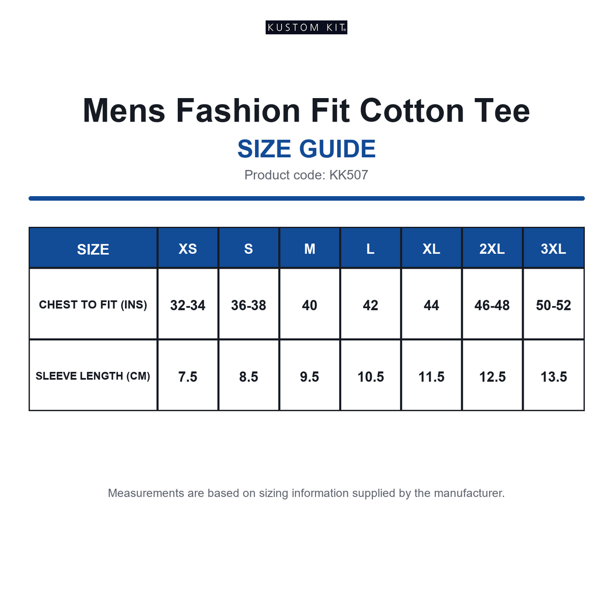 KK507 Kustom Kit Mens Fashion Fit Cotton Tee size guide (KK507)