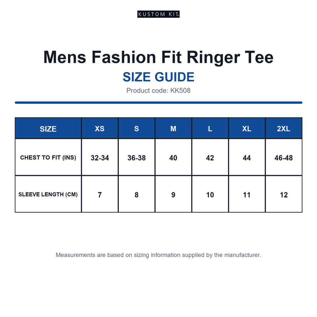 KK508 Kustom Kit Mens Fashion Fit Ringer Tee size guide (KK508)