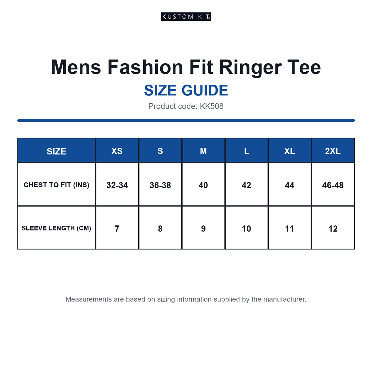 KK508 Kustom Kit Mens Fashion Fit Ringer Tee size guide (KK508)