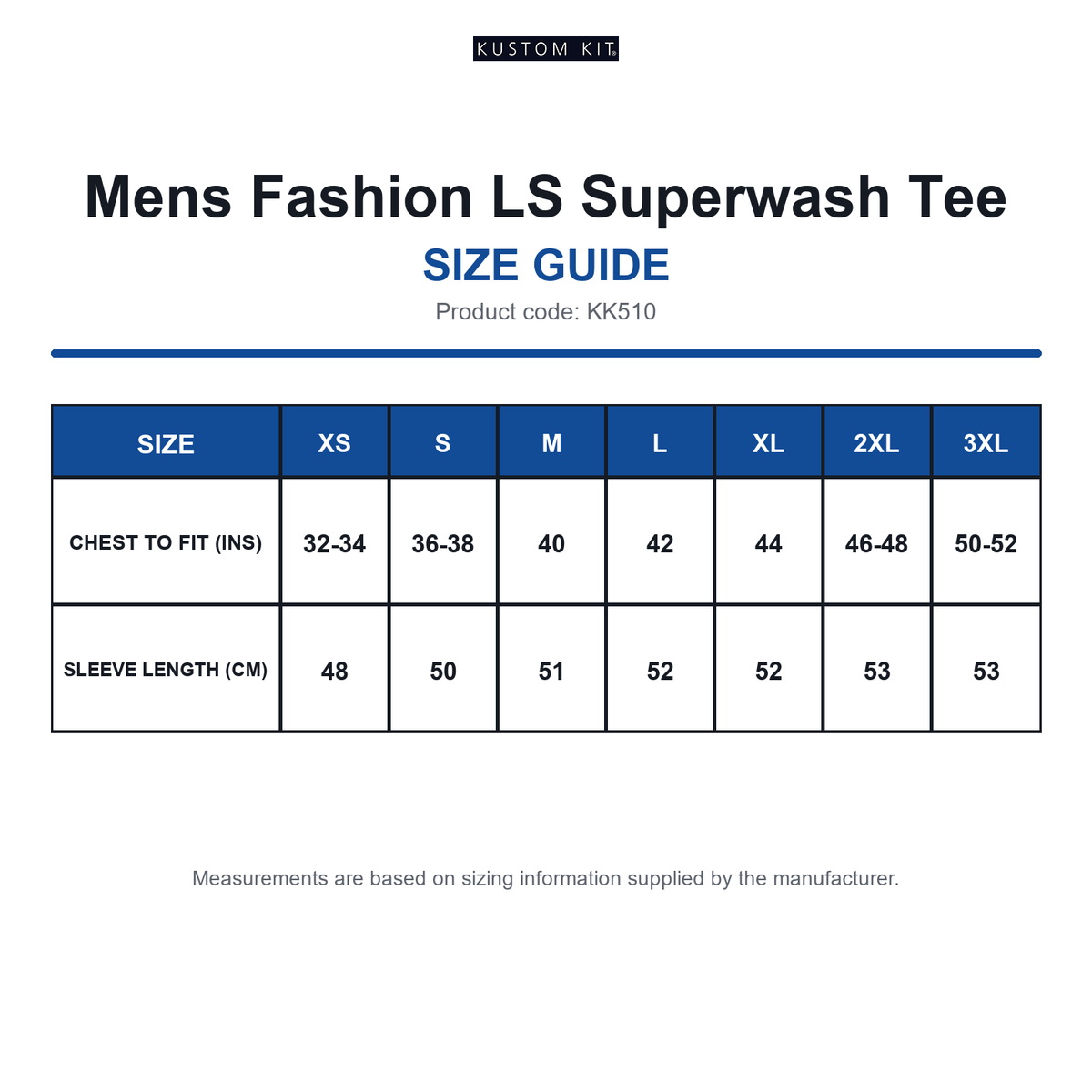 KK510 Kustom Kit Mens Fashion LS Superwash Tee size guide (KK510)