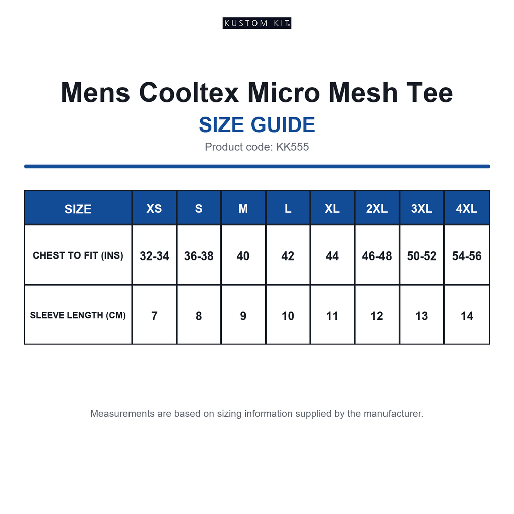 KK555 Kustom Kit Mens Cooltex Micro Mesh Tee size guide (KK555)