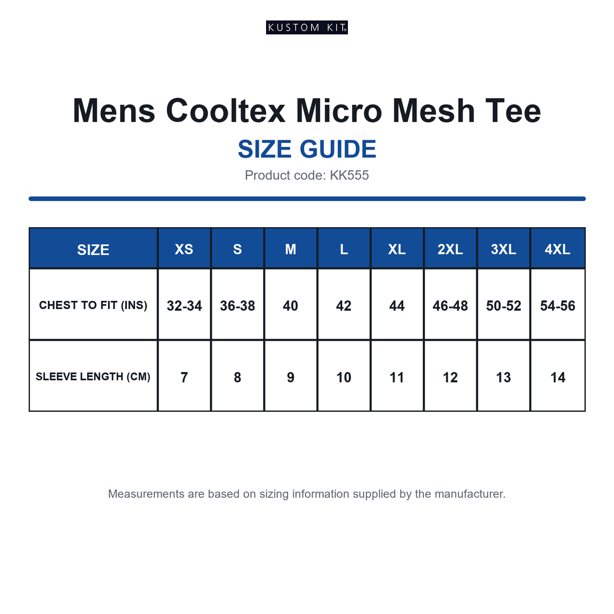 KK555 Kustom Kit Mens Cooltex Micro Mesh Tee size guide (KK555)