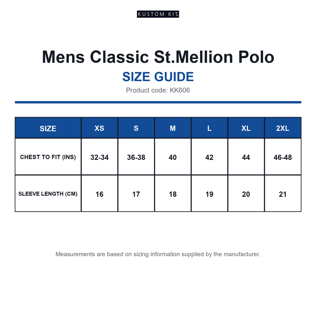 KK606 Kustom Kit Mens Classic St.Mellion Polo size guide (KK606)