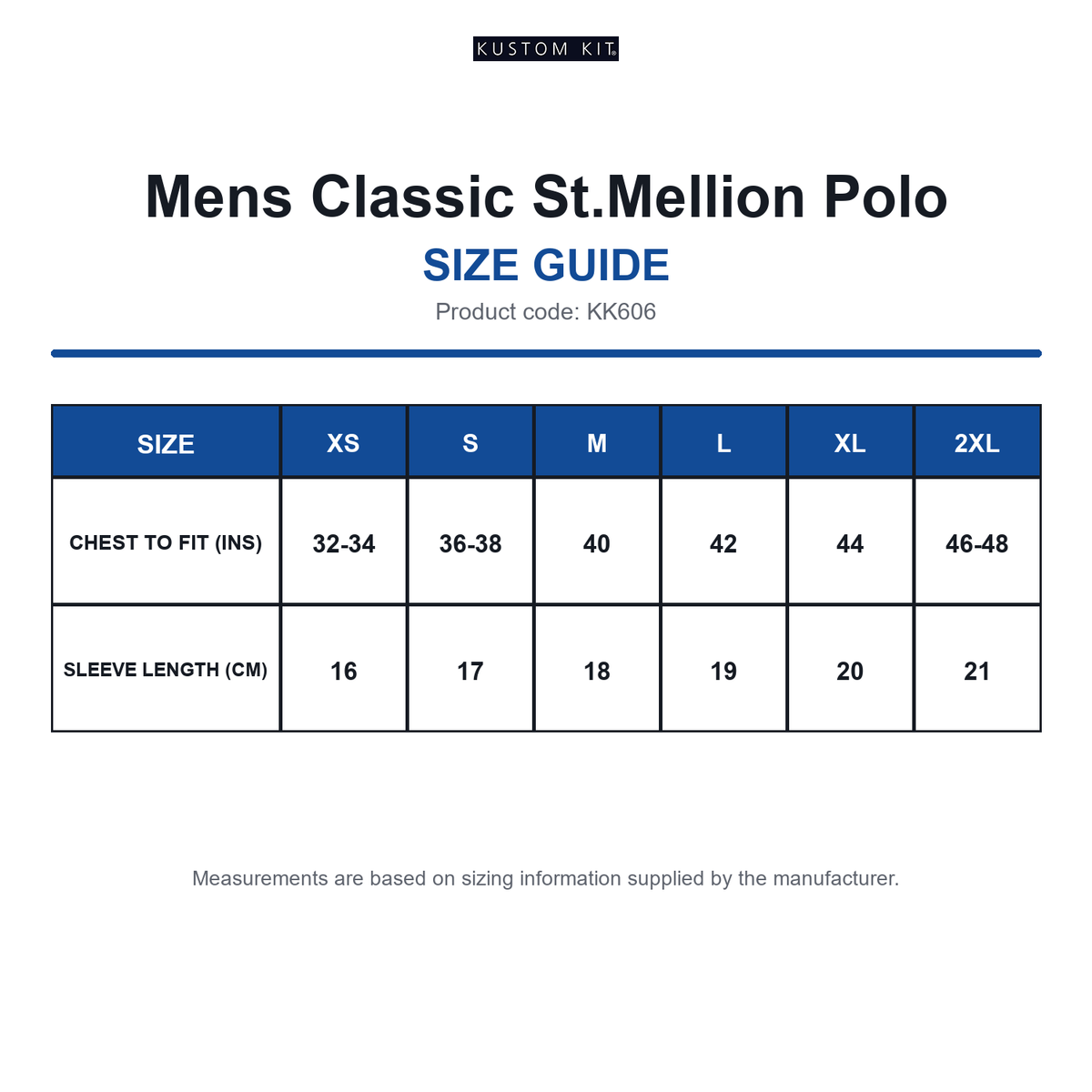 KK606 Kustom Kit Mens Classic St.Mellion Polo size guide (KK606)