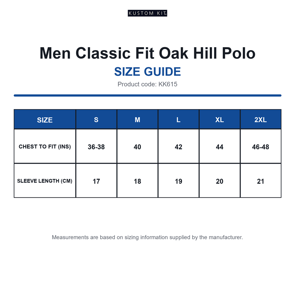 KK615 Kustom Kit Men Classic Fit Oak Hill Polo size guide (KK615)