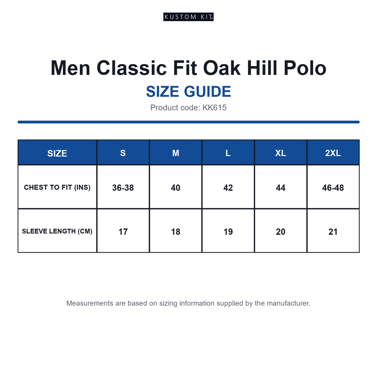 KK615 Kustom Kit Men Classic Fit Oak Hill Polo size guide (KK615)