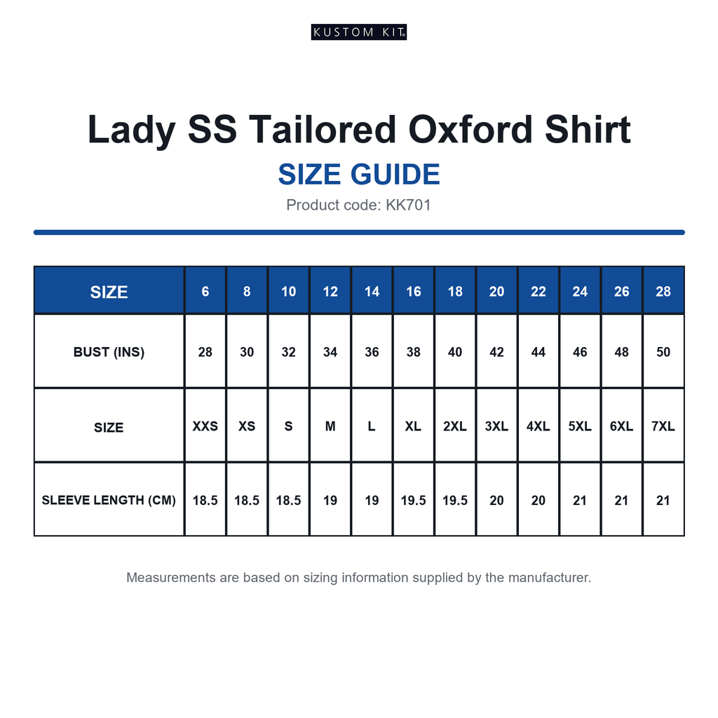 KK701 Kustom Kit Lady SS Tailored Oxford Shirt size guide (KK701)
