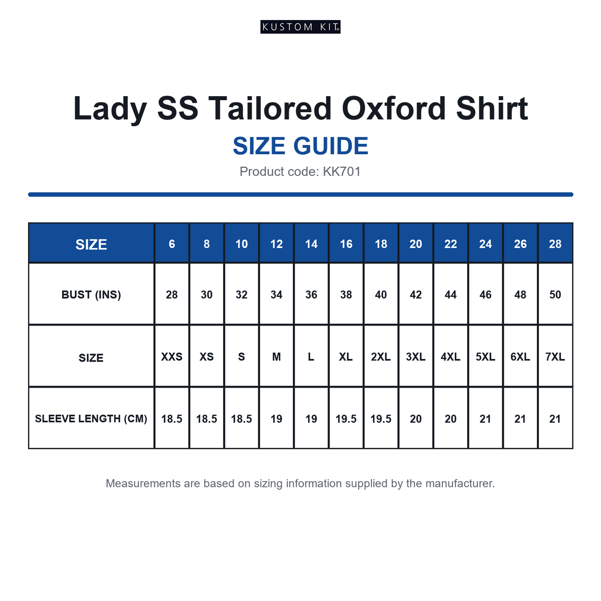 KK701 Kustom Kit Lady SS Tailored Oxford Shirt size guide (KK701)