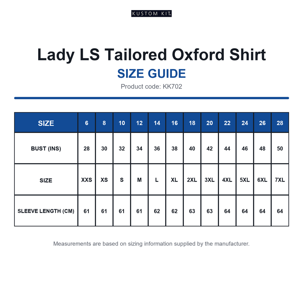 KK702 Kustom Kit Lady LS Tailored Oxford Shirt size guide (KK702)