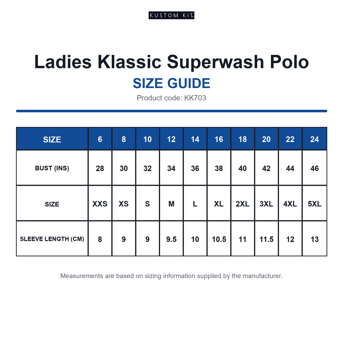 KK703 Kustom Kit Ladies Klassic Superwash Polo size guide (KK703)