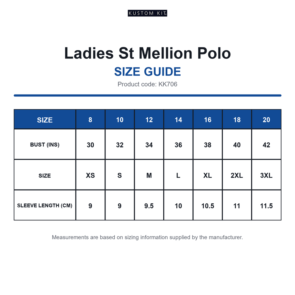 KK706 Kustom Kit Ladies St Mellion Polo size guide (KK706)