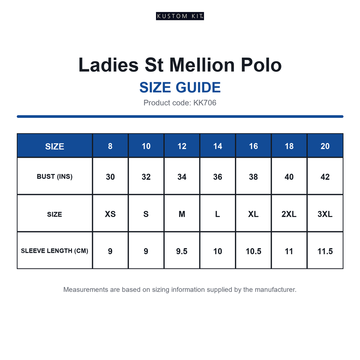 KK706 Kustom Kit Ladies St Mellion Polo size guide (KK706)