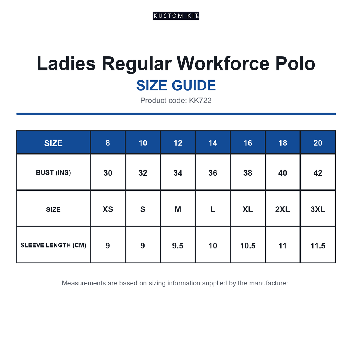 KK722 Kustom Kit Ladies Regular Workforce Polo size guide (KK722)