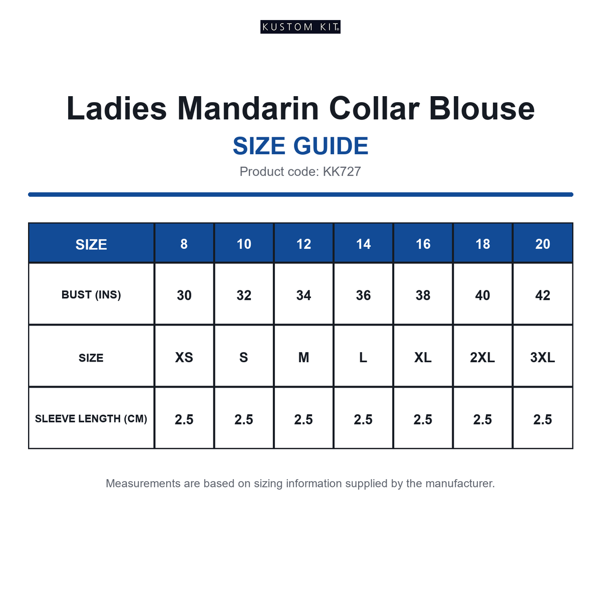 KK727 Kustom Kit Ladies Mandarin Collar Blouse size guide (KK727)