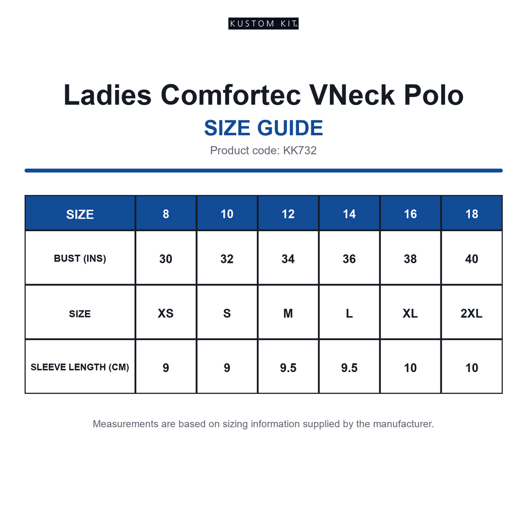 KK732 Kustom Kit Ladies Comfortec VNeck Polo size guide (KK732)