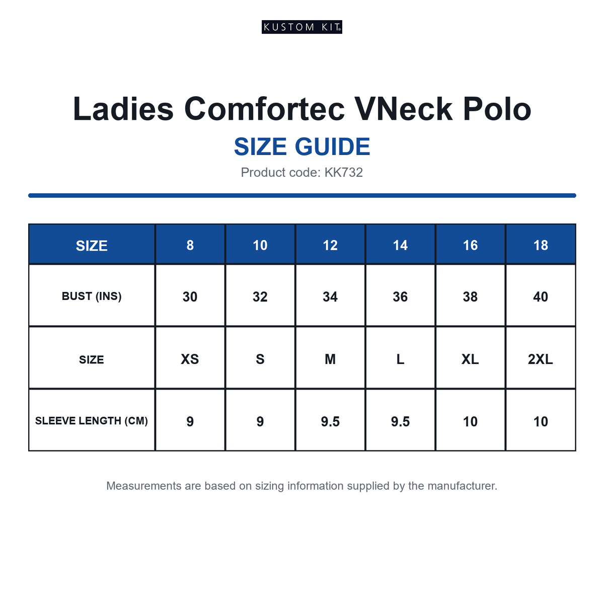 KK732 Kustom Kit Ladies Comfortec VNeck Polo size guide (KK732)