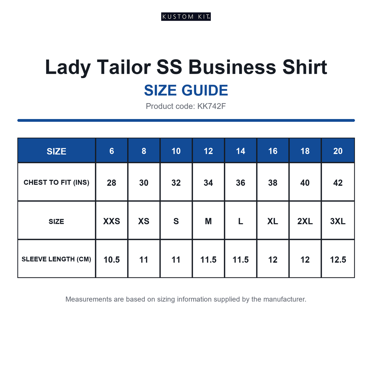 KK742F Kustom Kit Lady Tailor SS Business Shirt size guide (KK742F)