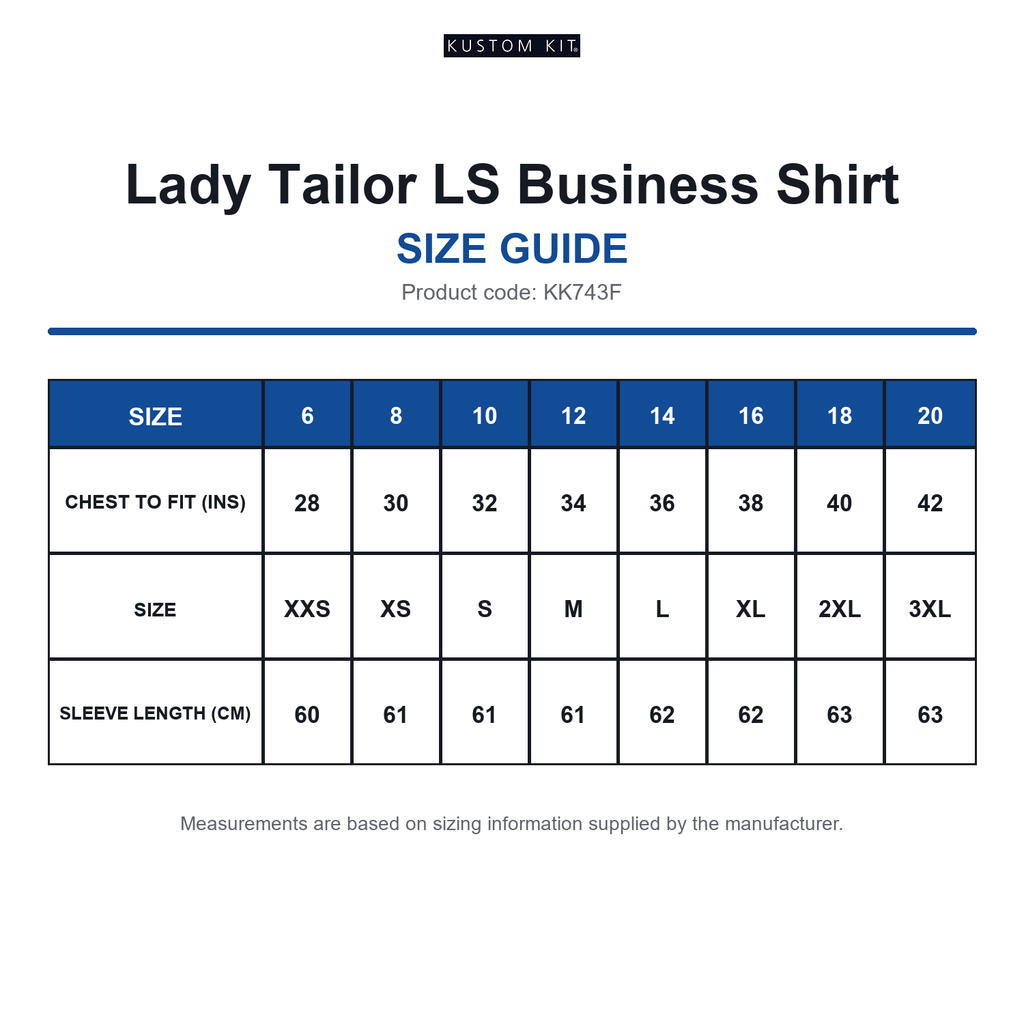 KK743F Kustom Kit Lady Tailor LS Business Shirt size guide (KK743F)