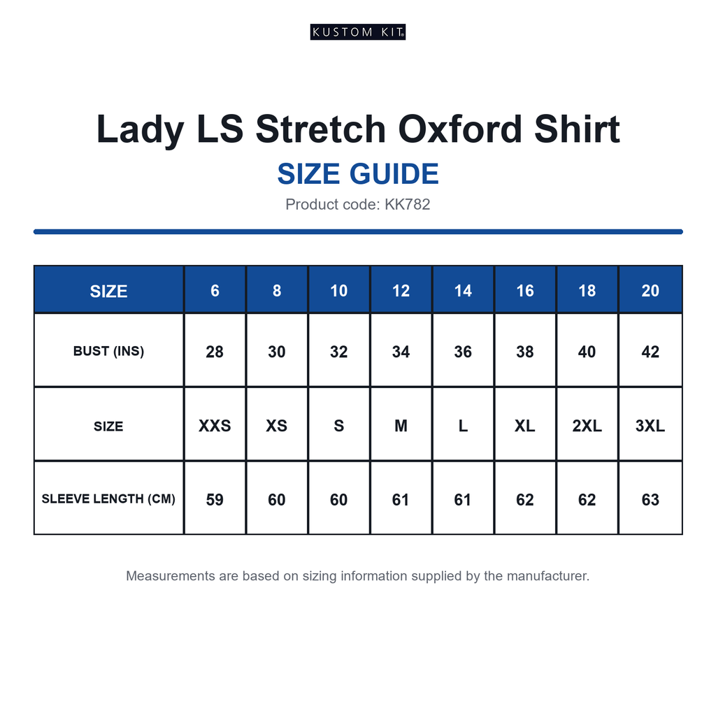 KK782 Kustom Kit Lady LS Stretch Oxford Shirt size guide (KK782)