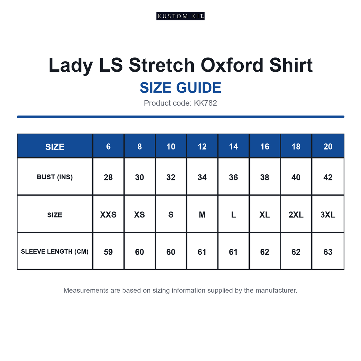 KK782 Kustom Kit Lady LS Stretch Oxford Shirt size guide (KK782)