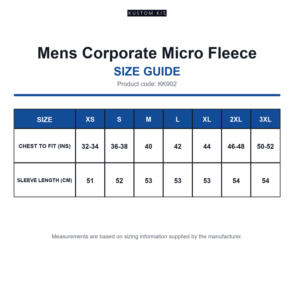 KK902 Kustom Kit Mens Corporate Micro Fleece size guide (KK902)