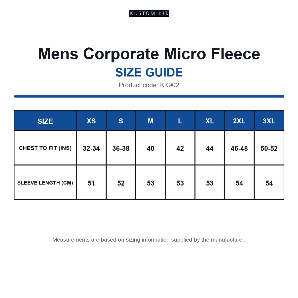 KK902 Kustom Kit Mens Corporate Micro Fleece size guide (KK902)