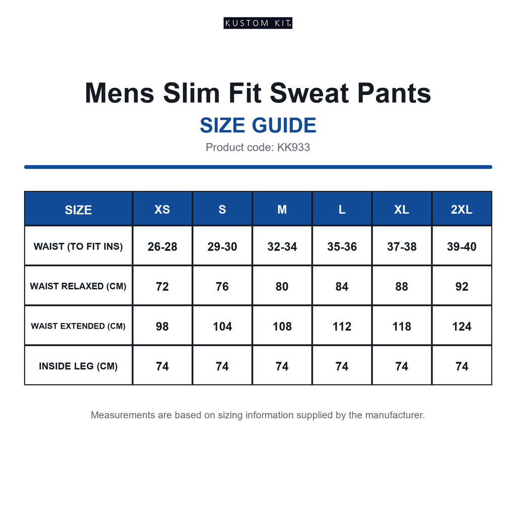 KK933 Kustom Kit Mens Slim Fit Sweat Pants size guide (KK933)