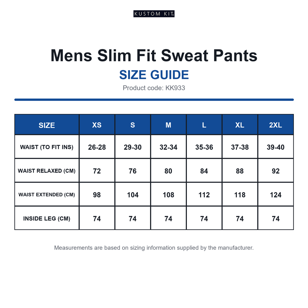 KK933 Kustom Kit Mens Slim Fit Sweat Pants size guide (KK933)