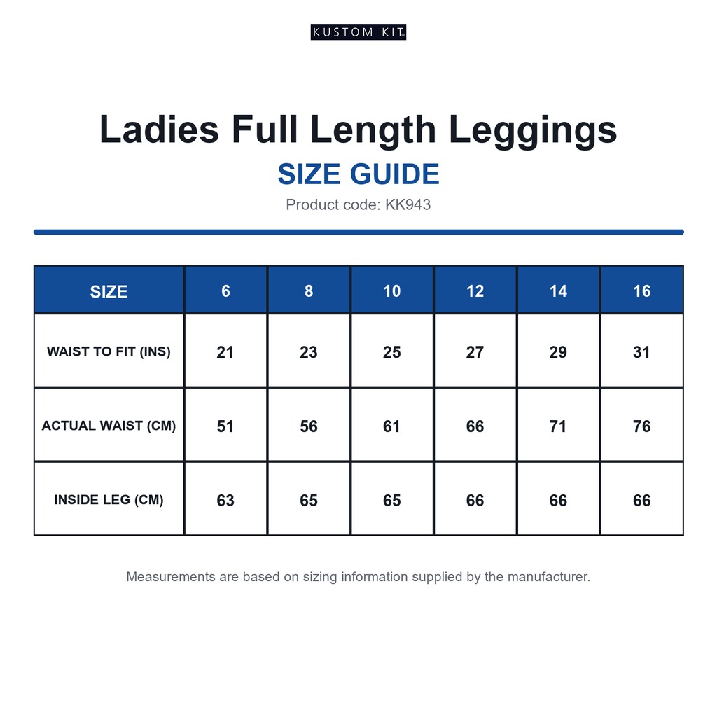 KK943 Kustom Kit Ladies Full Length Leggings size guide (KK943)