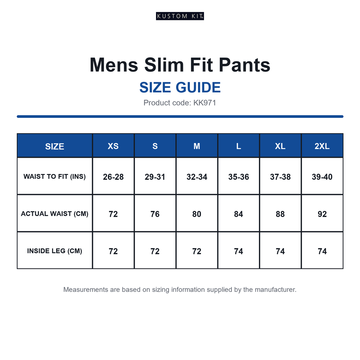KK971 Kustom Kit Mens Slim Fit Pants size guide (KK971)