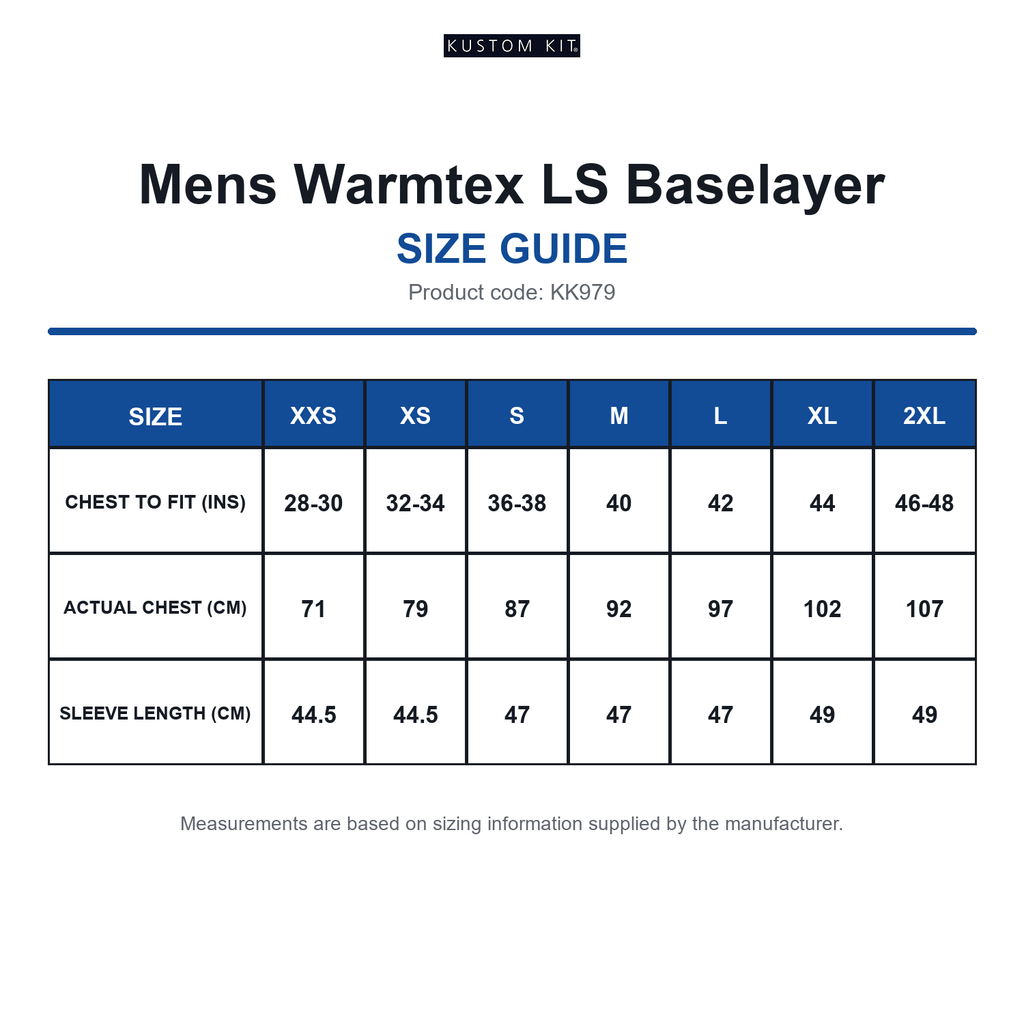 KK979 Kustom Kit Mens Warmtex LS Baselayer size guide (KK979)