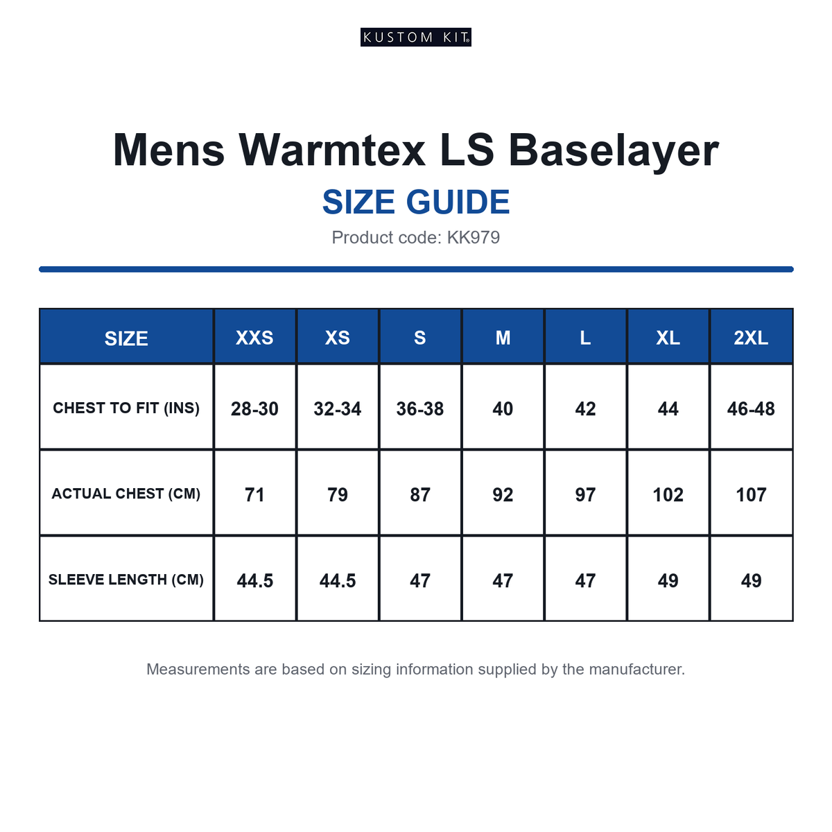 KK979 Kustom Kit Mens Warmtex LS Baselayer size guide (KK979)