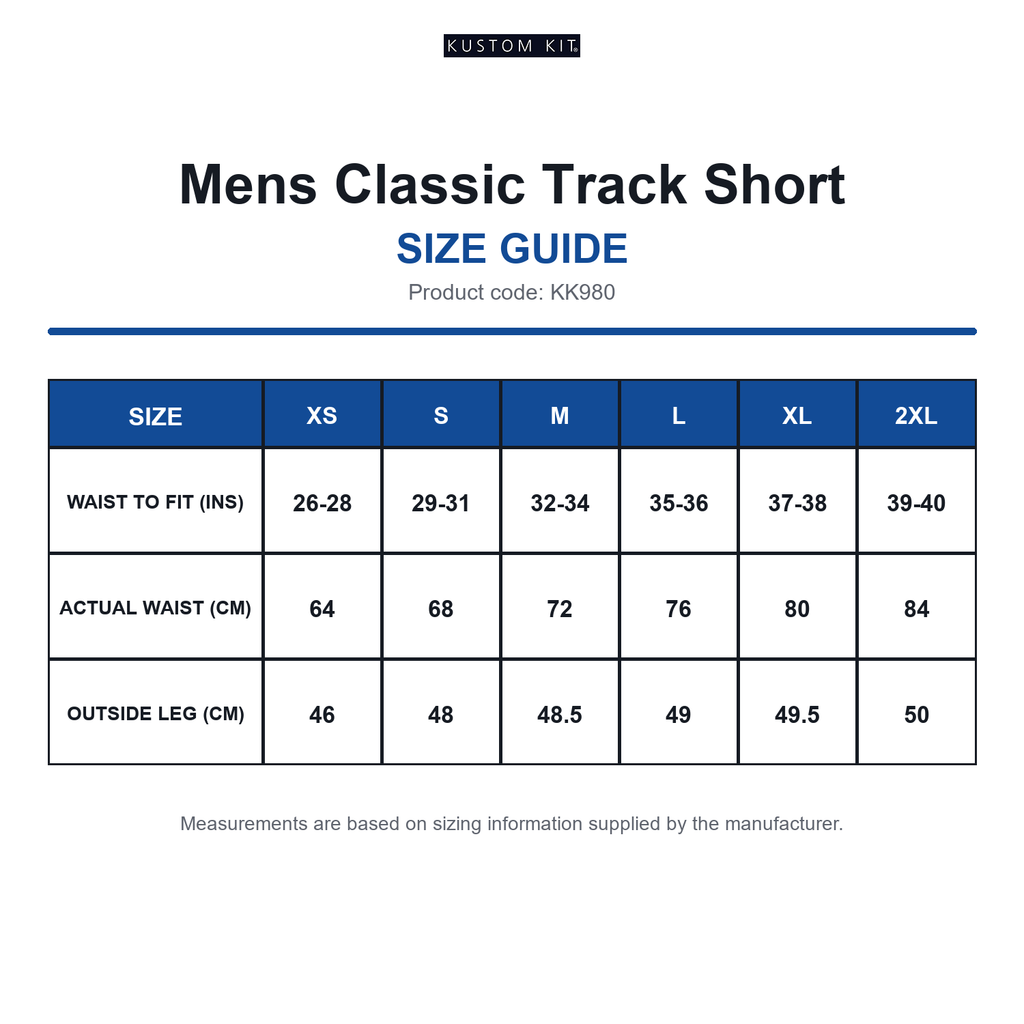 KK980 Kustom Kit Mens Classic Track Short size guide (KK980)