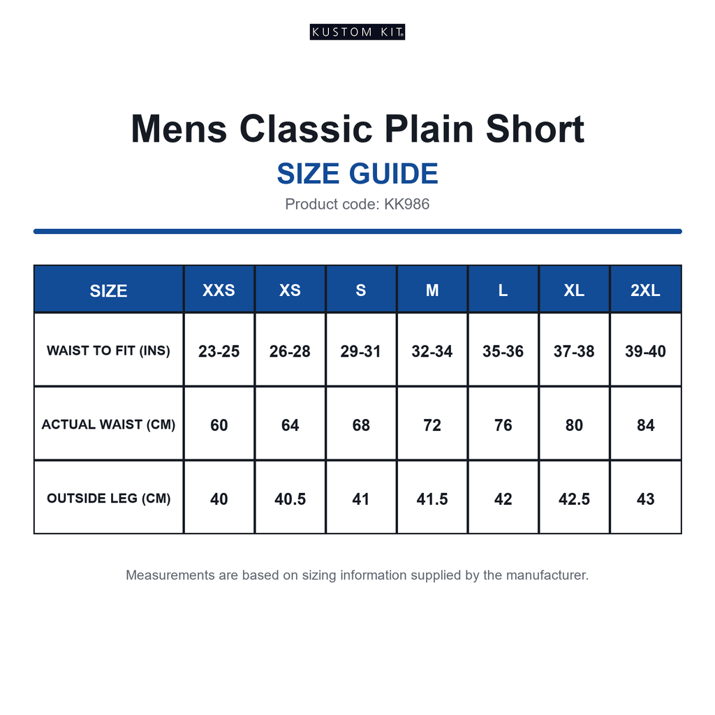 KK986 Kustom Kit Mens Classic Plain Short size guide (KK986)