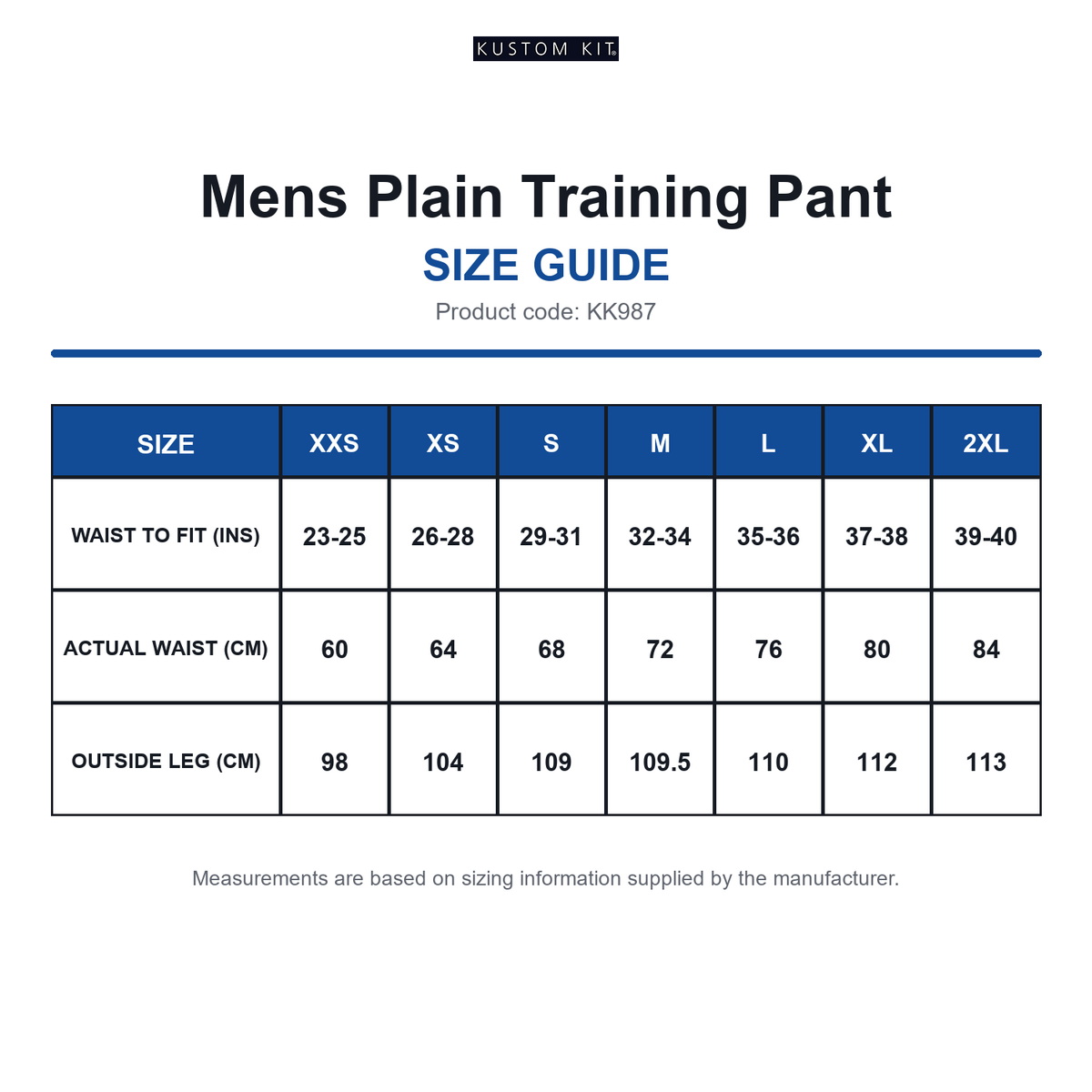 KK987 Kustom Kit Mens Plain Training Pant size guide (KK987)