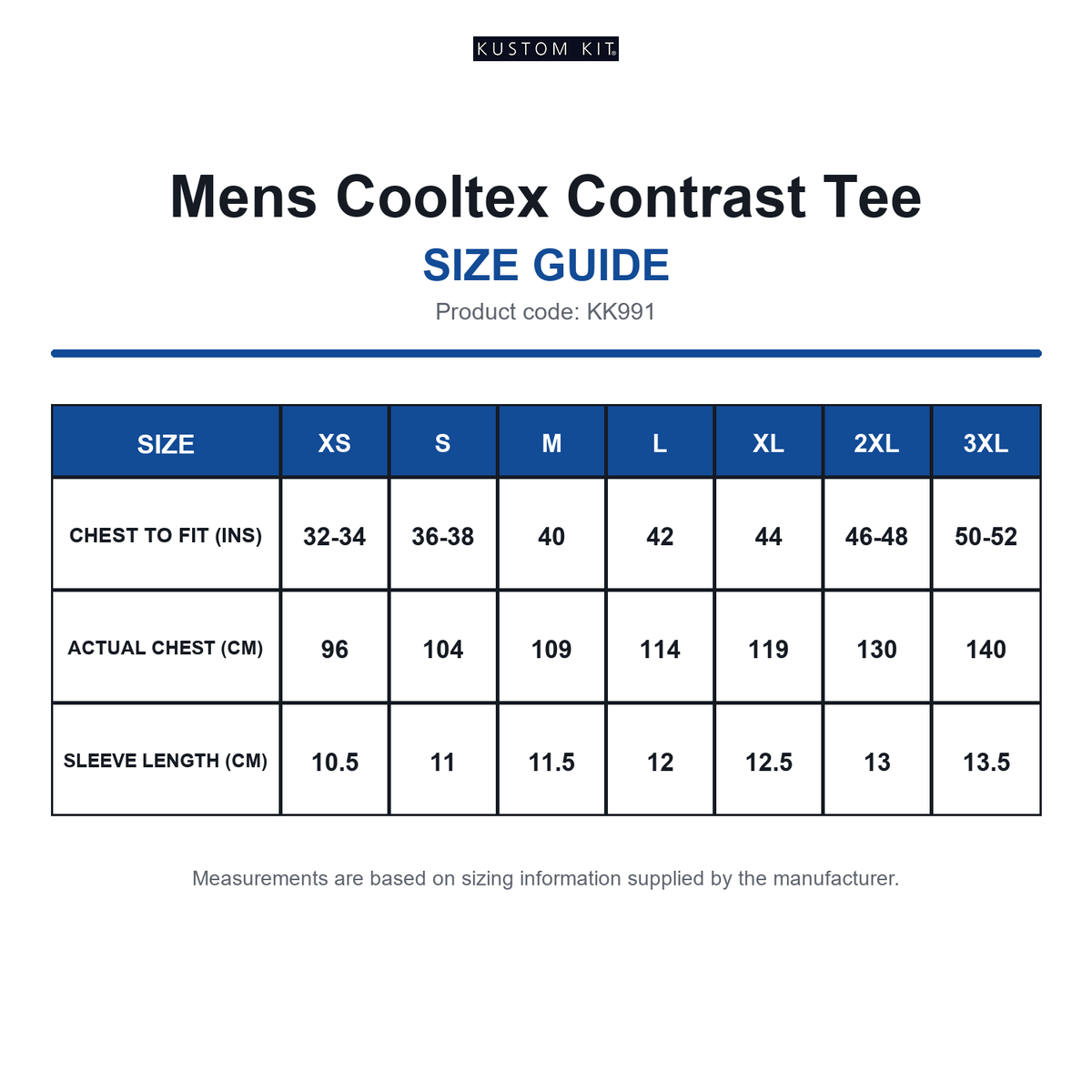KK991 Kustom Kit Mens Cooltex Contrast Tee size guide (KK991)
