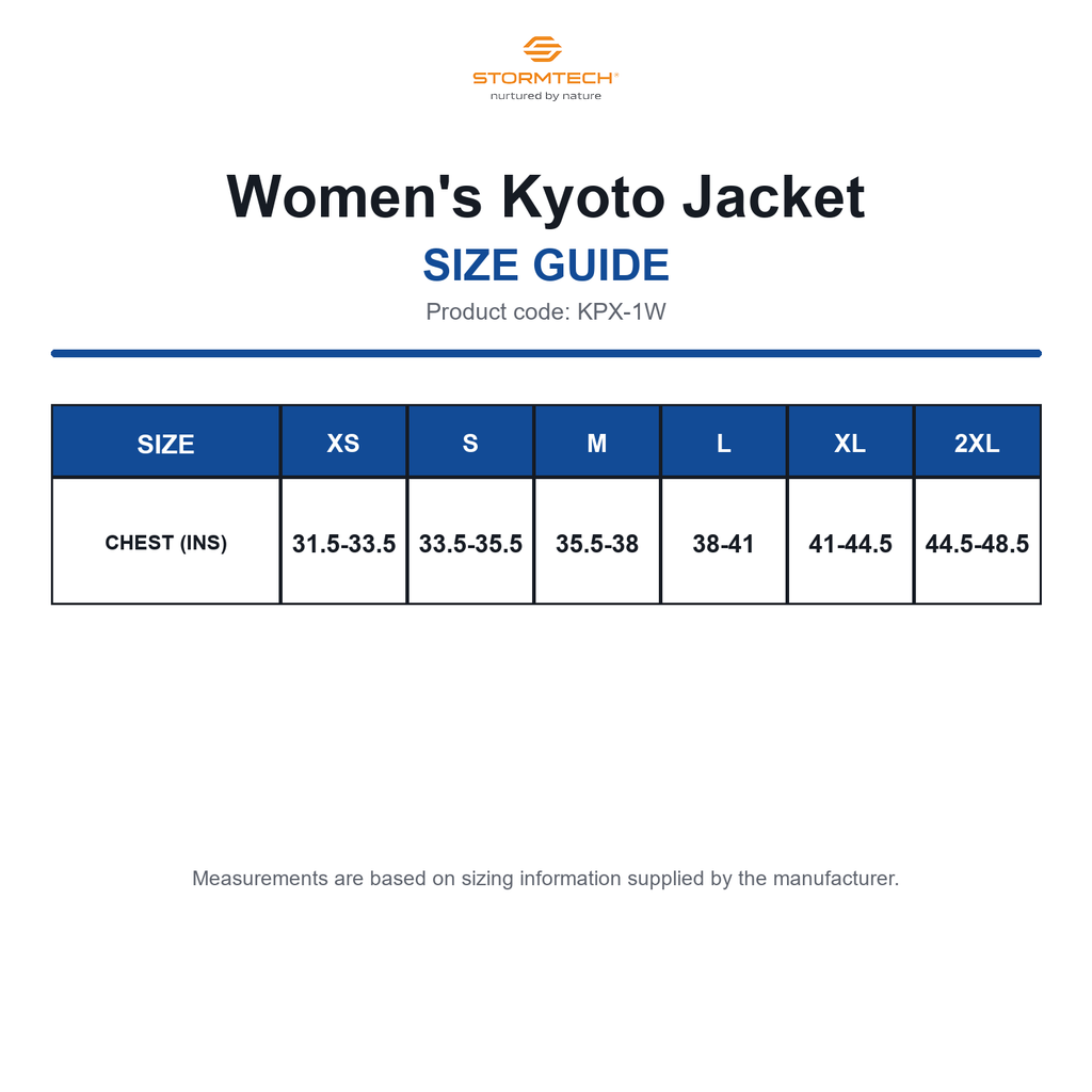 KPX-1W Stormtech Women's Kyoto Jacket size guide (KPX-1W)