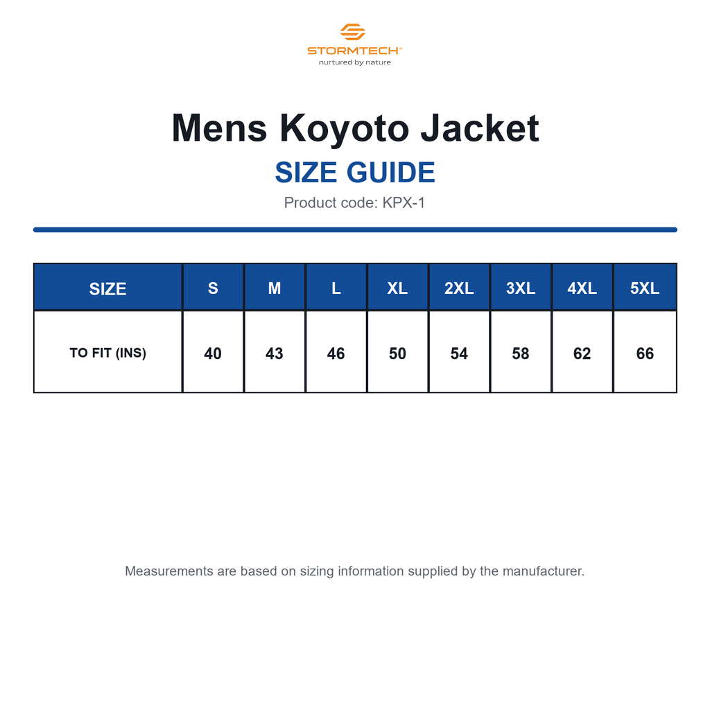 KPX-1 Stormtech Mens Koyoto Jacket size guide (KPX-1)