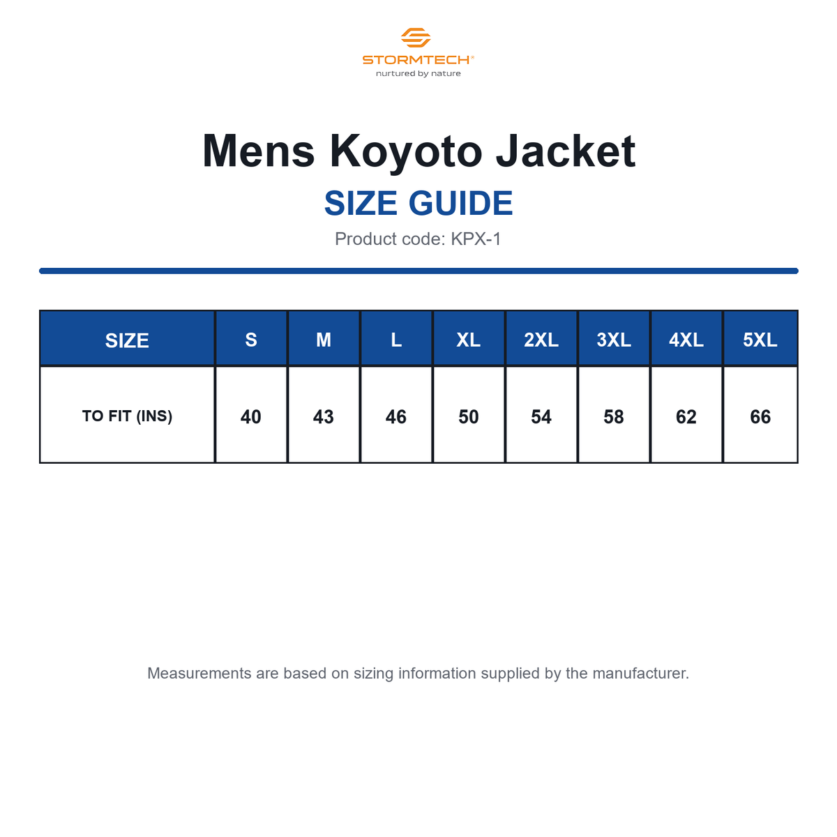 KPX-1 Stormtech Mens Koyoto Jacket size guide (KPX-1)