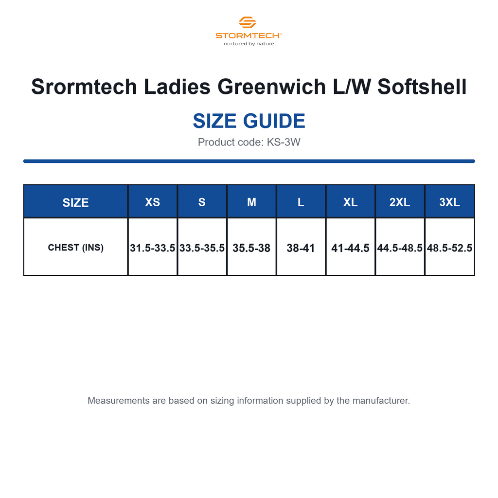 KS-3W Srormtech Ladies Greenwich L/W Softshell size guide (KS-3W)