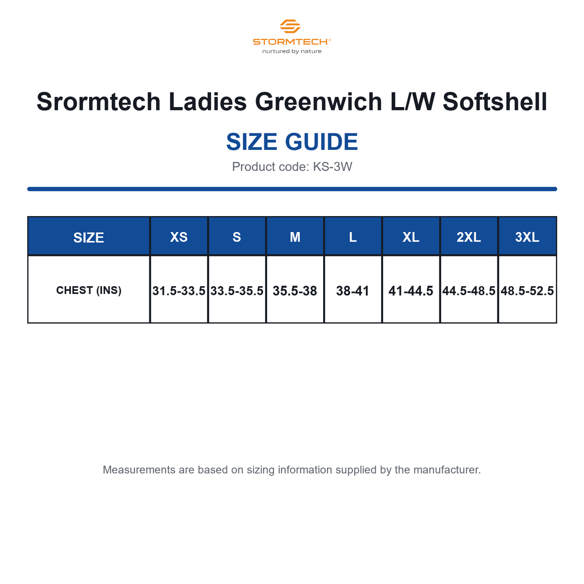 KS-3W Srormtech Ladies Greenwich L/W Softshell size guide (KS-3W)