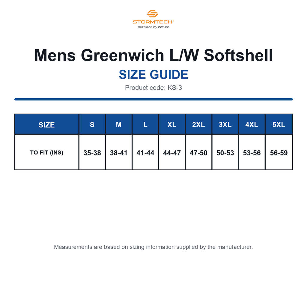 KS-3 Stormtech Mens Greenwich L/W Softshell size guide (KS-3)