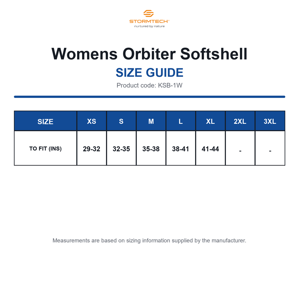 KSB-1W Stormtech Womens Orbiter Softshell size guide (KSB-1W)