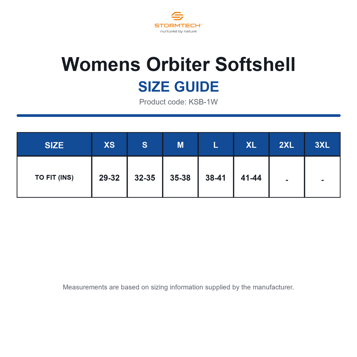 KSB-1W Stormtech Womens Orbiter Softshell size guide (KSB-1W)