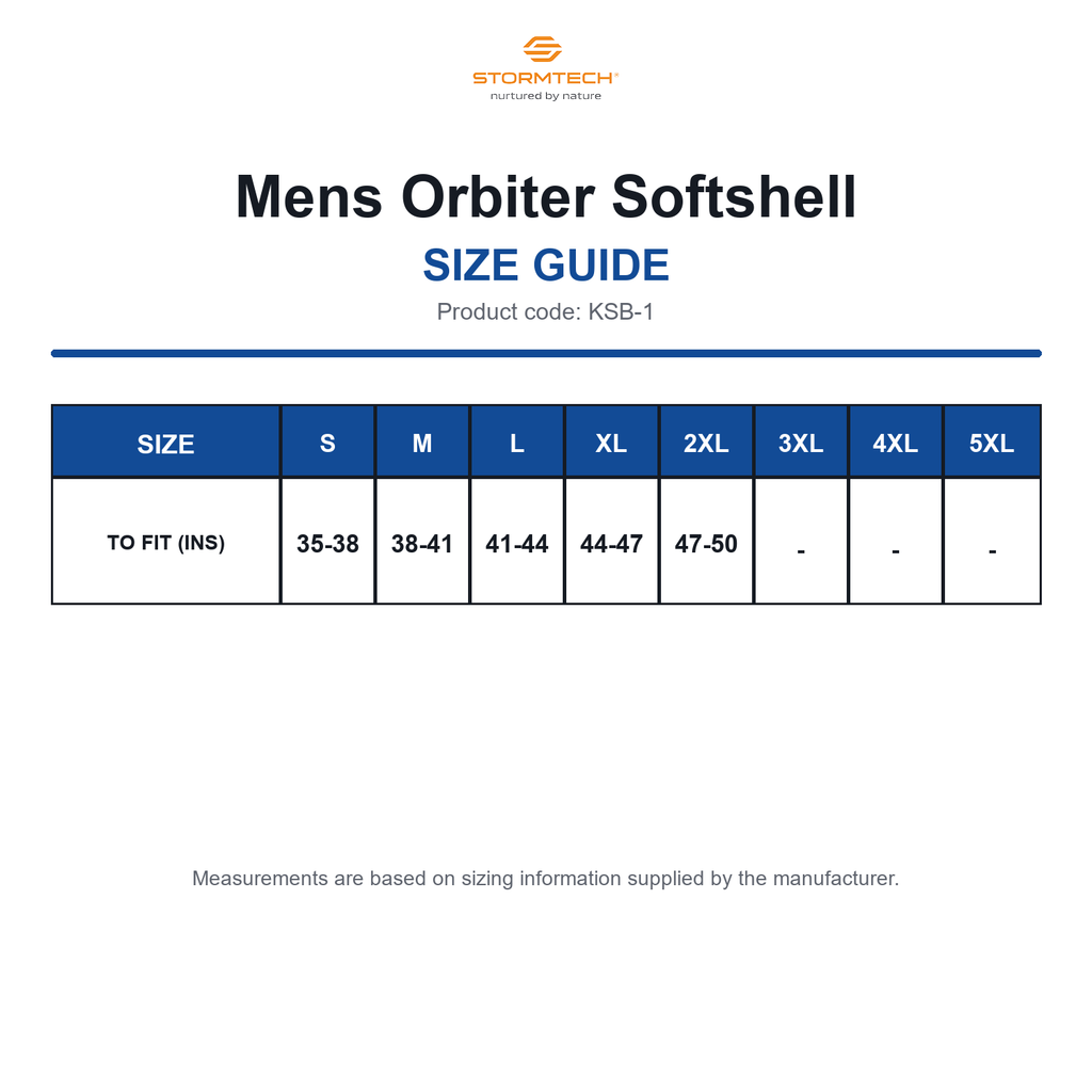 KSB-1 Stormtech Mens Orbiter Softshell size guide (KSB-1)