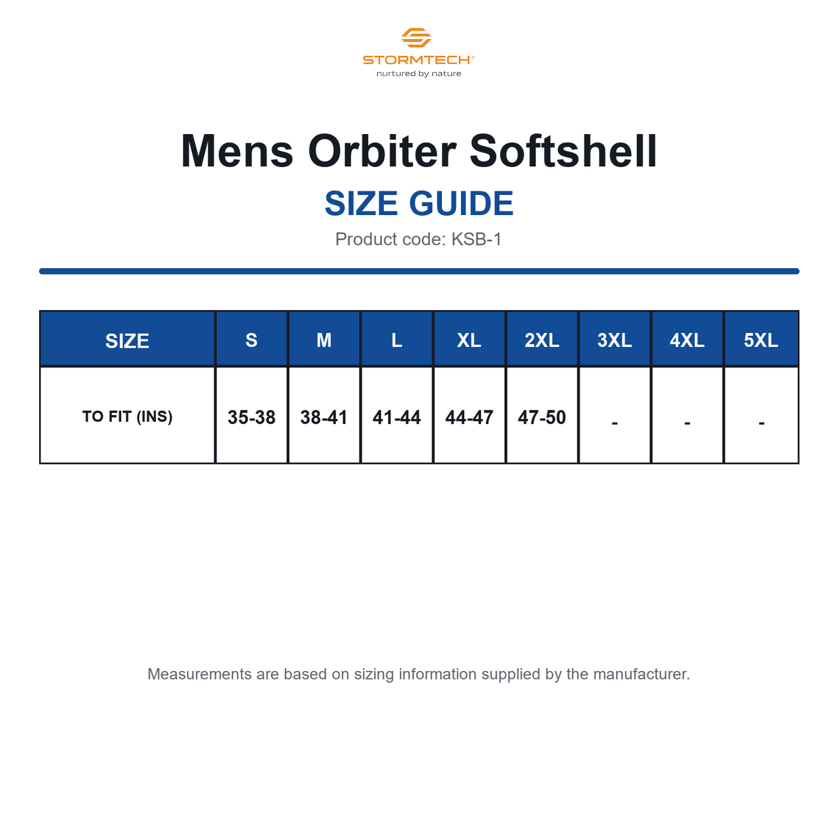 KSB-1 Stormtech Mens Orbiter Softshell size guide (KSB-1)