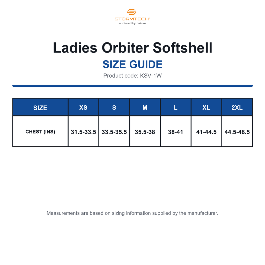 KSV-1W Stormtech Ladies Orbiter Softshell size guide (KSV-1W)