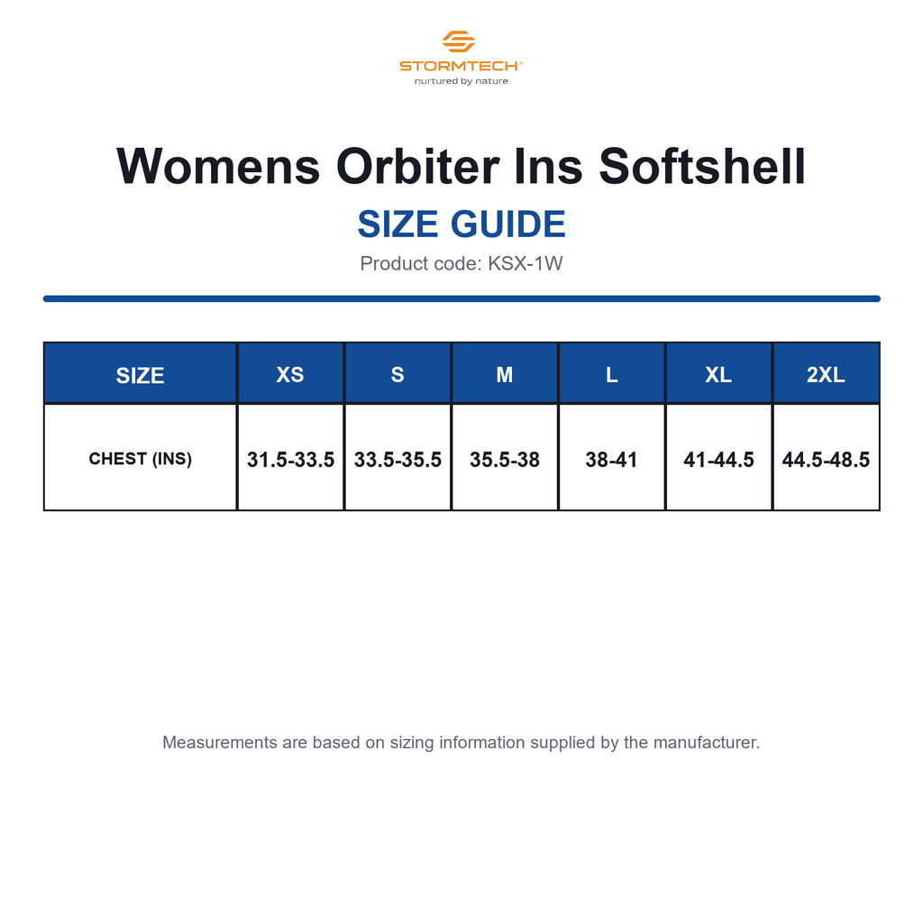 KSX-1W Stormtech Womens Orbiter Ins Softshell size guide (KSX-1W)